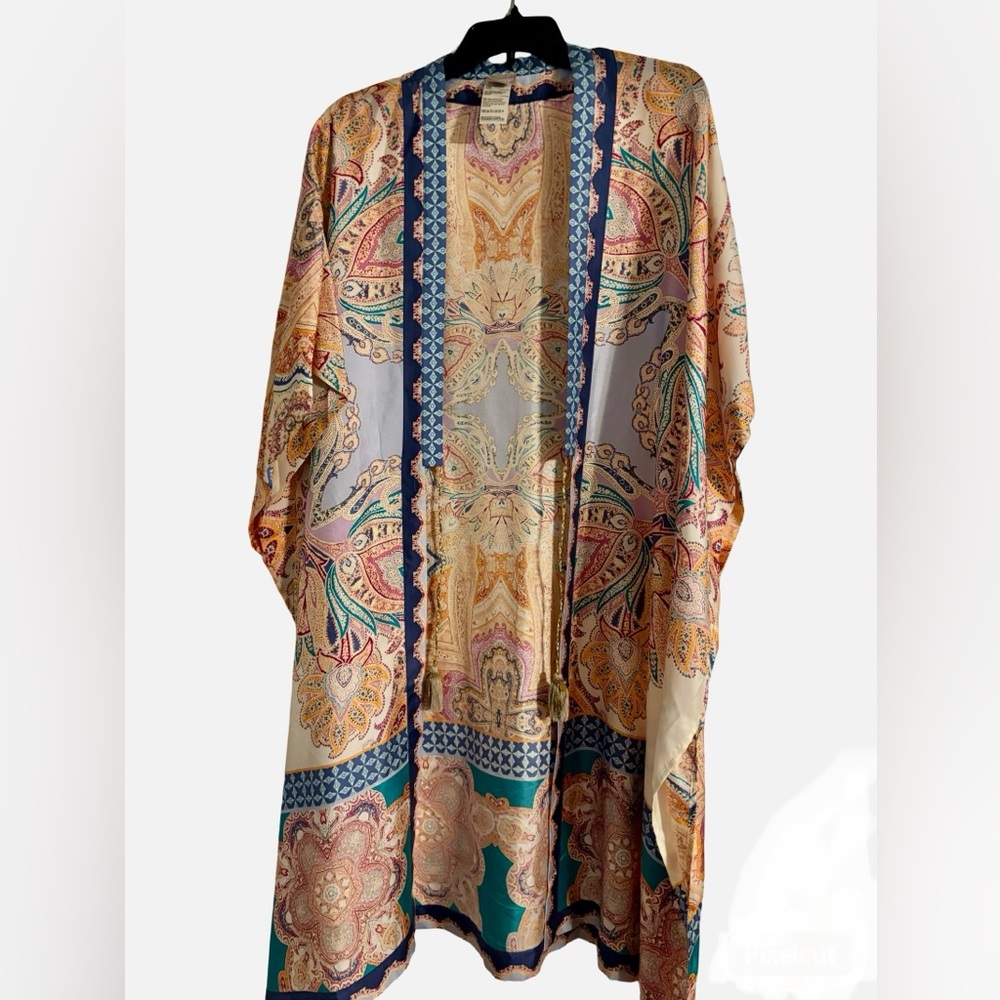 Chico's Silk Medallion Print Ruana Paisley Print Wrap Kimono with Tassel L/XL